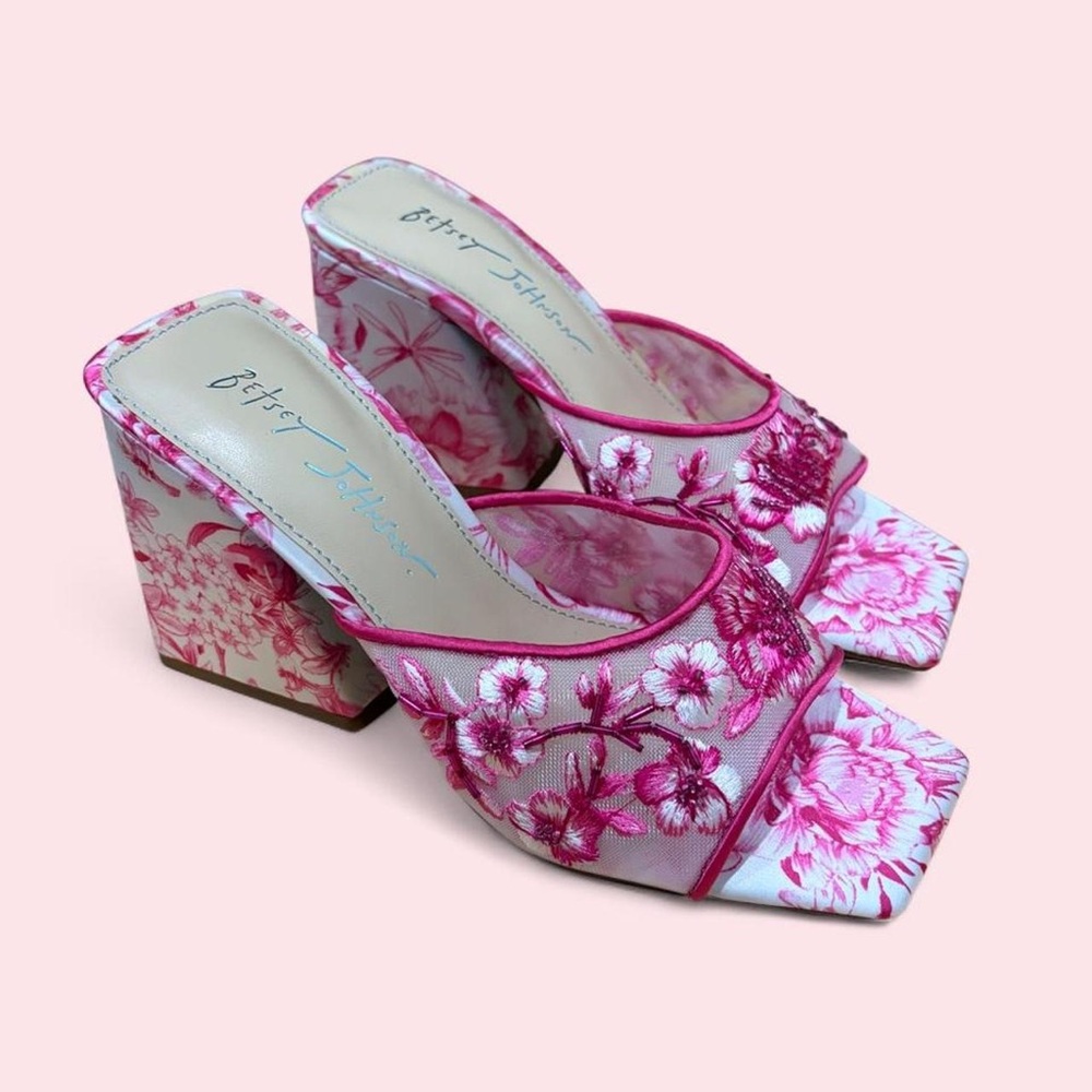 Betsey Johnson SB-ROO Floral Satin Embroidered High Heel Slide Sandals
